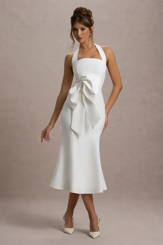 Aman | White Halter-Neck Midi Dress With Oversized Bow