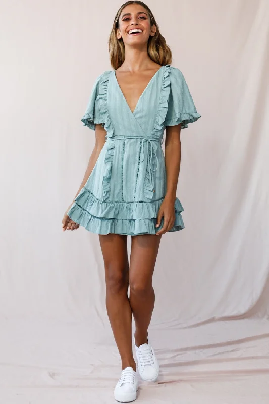 Marybelle Angel Sleeve A-Line Ruffle Dress Sage