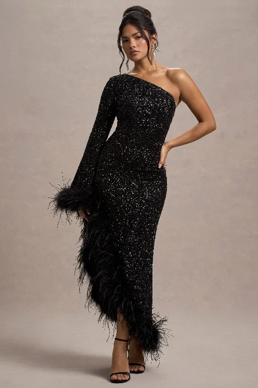 Shadow | Black Sequin One-Shoulder Feather Trim Maxi Dress